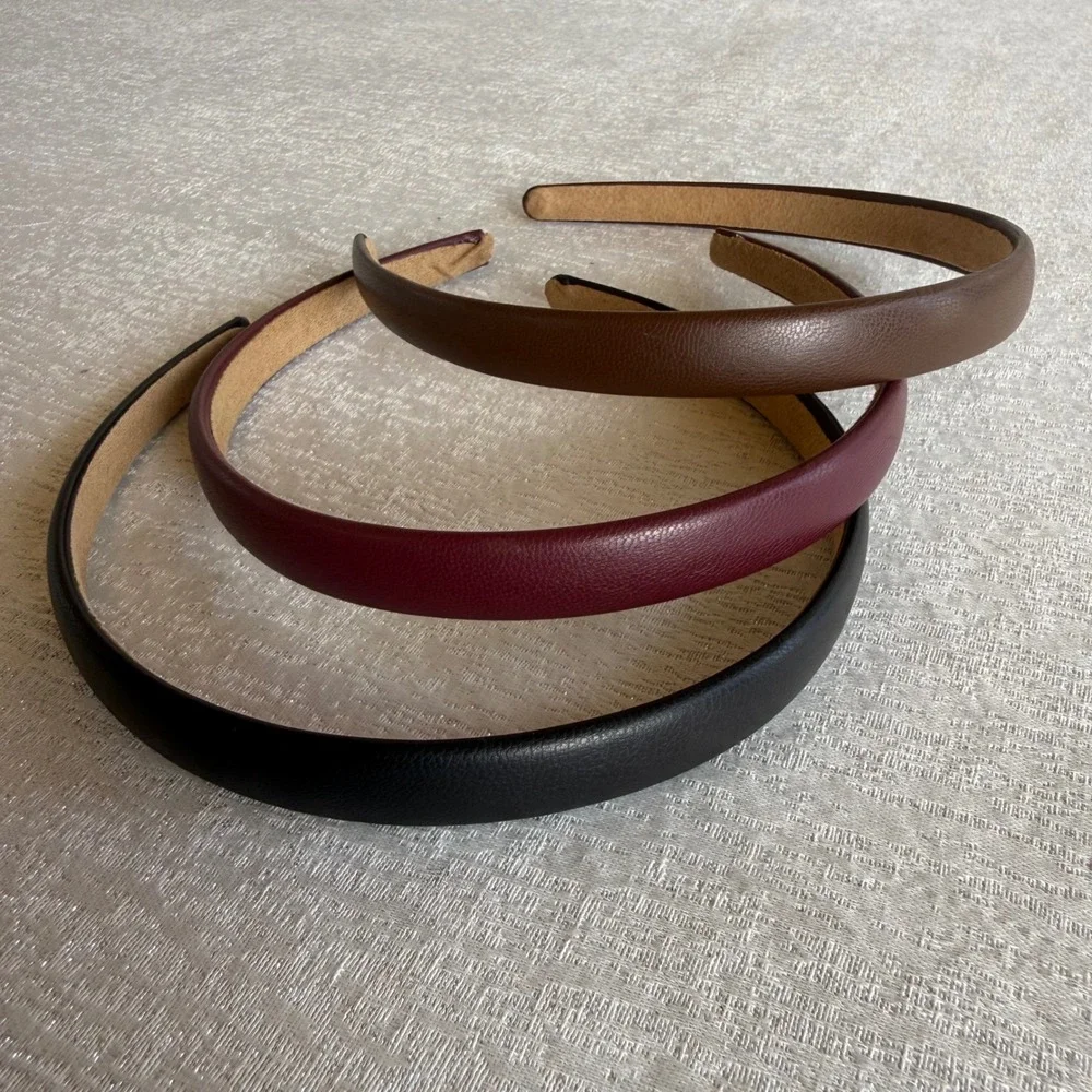 3pc Faux Leather Padded Headband Set Black Burgundy Brown Slim Hair Accessory